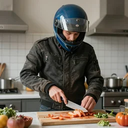 man wearing a motorcycle helmet and a motorcycle jacket, cutting food with a knife, in a kitchen, painting by mark keathley