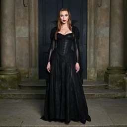 hailey baldwin posing as a vampire in gothic clothing, full body