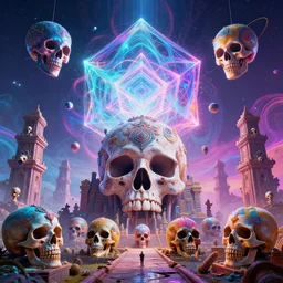 mysterious satellites over epic mystical skull temple, infinite fractal tesseract, quantum waves, synthwave, bright neon colors, highly detailed, cinematic, tim white, vladimir kush, philippe druillet, roger dean, bob eggleton, michael whelan, boris vallejo, kubrick