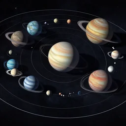cinematic system solar made of flat planets perfect drawing all planets in orbita, digital science drawing