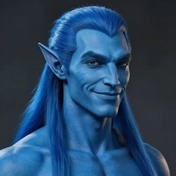 a portrait of a blue skin humanoid male in his 3 0 s with, noble, smiling, chiseled jaw, slightly smiling, elf ears, beautiful man, long blue hair in a ponytail, short hair on sides, style by donato giancola, wayne reynolds, jeff easley, dramatic light, high detail, cinematic lighting, artstation
