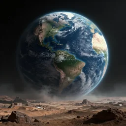 uninhabitable dystopian planet earth from space, wasteland, dark future,