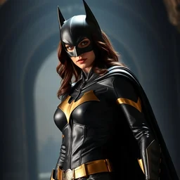 film still of beautiful katie mcgrath as a superheroine in the new marvel superhero movie, black cape, black leather costume, gold belt,, gold trim, movie still 8 k, batcave