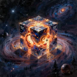 eternal energy cube at the beginning of the universe. Big bang. Digital painting. Beeple. Noah Bradley. Cyril Roland.