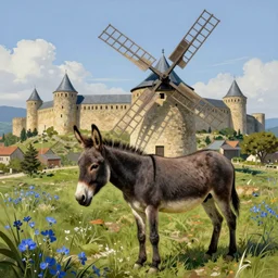 very long shot of a windmill, wild beautiful donkey, spots of blue flowers nearby, medieval french landscape, Carcassonne, city of carcassonne in the background, by Stanley Artgerm Lau, Rossdraws, frank frazetta, Andrei Riabovitchev, Marc Simonetti, tranding on artstation