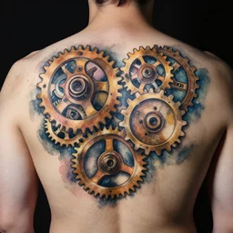 closeup photograph of an incredible watercolor upper back tattoo of interlocking steampunk gears, peter mohrbacher intricate, model with attractive body, award-winning by rapha lopes, and baris yesilbas, photo taken with dramatic studio lighting by brian ingram