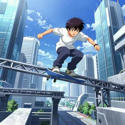 parkour, freerunners, streetwear, futuristic city, trusses, steel and glass, bright blue sunshine, highly detailed, insane detail, anime screenshot, art by studio gainax