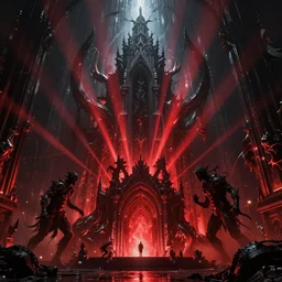 a huge chaos dark eldritch cathedral filled with red ray traced light and corruption by WLOP and tony sart and bekinski, god rays, fantasy art, 4k, HDR, photorealistic, 8k, trending on artstation