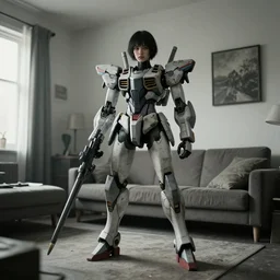 grunge photo of a mecha female girl in her living room