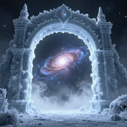 interdimensional galaxy portal covered in frost, ice gate, volumetric light, volumetric fog, unreal engine, frostpunk photorealistic, 8 k by beeple
