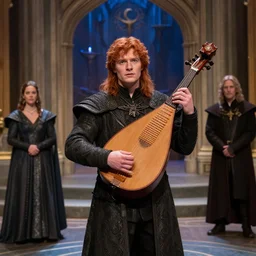 hyper realistic photograph of Kwothe as a student in the book the name of the wind, played by Michael Fassbender, 4k, Carl Zeiss, sigma, Tamron so 85mm, stunning arcanum university backdrop, magic, detailed set design, award winning costume design, cinematic, lute, red hair