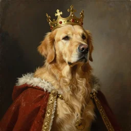 painting of noble king golden retriever, dressed like ancient king, wearing crown, rembrandt van rijn