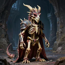 A little vibrant. A spiked horned detailed dragon-semihuman skeleton with armored joints stands in a large cavernous dark castle with a pebble in hands. Wearing massive shoulderplates, cloak. Extremely high details, realistic, fantasy art, solo, masterpiece, bones, ripped flesh, colorful art by Zdzisław Beksiński, Arthur Rackham, Dariusz Zawadzki, Harry Clarke