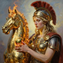 battlefield of trojan war, trojan horse, closeup portrait of eris discordia, holding reflective gold!!! metal apple on fire, goddess of chaos, fantasy character portrait, ultra realistic, wide angle, intricate details, artifacts, luminous skies, michael cheval, peter mohrbacher, boris vallejo, jessica rossier, oil painting, highly detailed, cinematic lighting, unreal