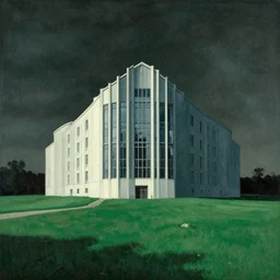a building in a landscape, by paul delvaux