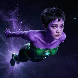 photos of beautiful actress HoYeon Jung with Purple colored skin makeup as the purple skinned Green Lantern soranik natu as she soars thru outer space, HoYeon Jung, photogenic, purple skin, short black pixie like hair, particle effects, photography, studio lighting, cinematic