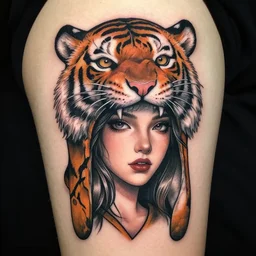 tattoo design of a face of a beautiful girl wearing a tiger head hat, hyper detailed, in the design of eliot kohek