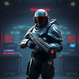 armor plated soldier carrying plasma rifle, standing in front of a command station, gta v, stephen bliss, unreal engine, fantasy art, greg rutkowski, loish, rhads, ferdinand knab, makoto shinkai, lois van baarle, ilya kuvshinov, rossdraws, tom bagshaw, global illumination, radiant light, detailed and intricate