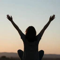 a person sitting with hands in the air