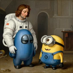 renaissance painting of among us astronaut imposter killing minion from despicable me, in the style of michelangelo, paining, illustration,