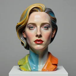 studio photograph of colorful postmodern portrait sculpture of jodie foster, beautiful symmetrical!! face accurate face detailed face realistic proportions, made of spray - painted beeswax on a pedestal by ron mueck and matthew barney and greg rutkowski, hyperrealism cinematic lighting shocking detail 8 k
