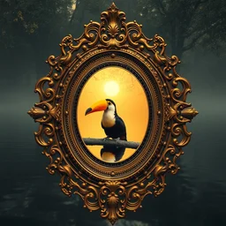 lake toucan inside an intricate oval golden mirror, mirror image, cinematic, filmic, wildlife photography, x - ray, ray tracing reflections, insanely detailed and intricate, hypermaximalist, elegant, ornate, hyper realistic, super detailed, golden hour