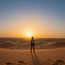 beautiful wide shot tatooine landscape, Luke skywalker sunset, little domes, Star Wars a new hope 1977, studio ghibli, Miyazaki, Greg rutkowski, Alphonse mucha, Moebius, golden hour, highly detailed, hdr, vivid color, 70mm