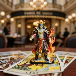cinestill 5 0 d, 8 k ; esoteric ultra realistic major arcana the magician in ronin ( 1 9 9 0 ) film still negresco cafe scene in frontiers of macro porcelain photography magazine june closeup 3 / 4 portrait edition, hyperrealistic real - life flaming dj pilot tarot card porcelain occult figurine, eye contact, tilt shift wide shot scene background