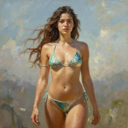 A beautiful oil painting of a pretty  girl in bikini armor, by Beeple epic, fantasy, character art, high fantasy