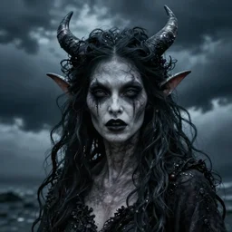 a close up portrait of a creepy grotesque sea witch with dark turbulent skies, photorealistic, by jessica rossier, 4 k resolution