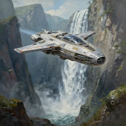 detailed painting of a spaceship coming in to land close to a waterfall between two mountains, fantasy, high detailed, sabbas apterus
