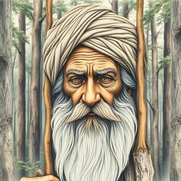 stunning forest camouflage art like a the trees make the face of a wise old man in a turban with a long beard dreamy surrealism, masterpiece, golden mean, line art color pencil, watercolor, award winning by bev doolittle