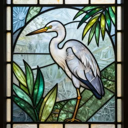 graphic stained glass panel of an egret and palm leaves