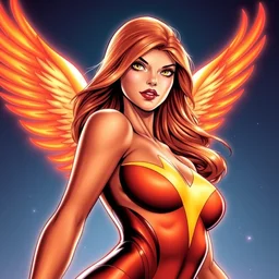 j. scott campbell comic cover art, full body jean grey phoenix, perfectly symmetrical facial features, tight fit, rim lighting, vivid colors, tom raney