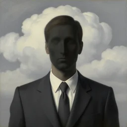 portrait of a faceless shadow - head man in a suit, clouds in the background, by rene magritte, detailed painting, distance, centered, hd, hq, high resolution, high detail, 4 k, 8 k