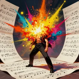 automated modularity of the graphic musical score, hypermasculine, explosive, with colors from warhol soup