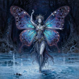 an ornate regal butterfly priestess made of shattered hopes and mystical dreams, grimdark fantasy painting of a cosmic butterfly on a shadowed forest background. the avatar of a butterfly goddess dancing on a frozen lake in the darkness void realm. a painting in neon inks, by wayne reynolds, by claude monet, by carl critchlow, by rebecca guay, ukiyoe - - steps 5 0