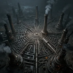 futuristic dystopian endless, intricate, complex, labyrinthine, byzantine, tangled, industrial complex, smokestacks, pipelines and ducts and vents, landscape painting, steampunk, smoke, night, gloomy, dark, dramatic, cinematic, volumetric lighting, gods eye view, science fiction art