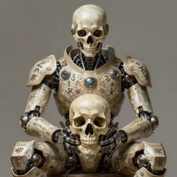 Ultra realistic illustration of a robot sitting holding a human skull in it's hands, rune-engraved armor, cyberpunk, sci-fi, fantasy, intricate, elegant, highly detailed, digital painting, artstation, concept art, smooth, 8k octane render, extremely hyperdetailed, intricate complexity, sharp focus, illustration, art by artgerm and greg rutkowski and beeple