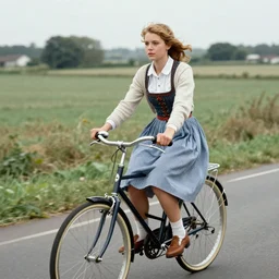 a shy young woman is seen riding her bicycle while posing for a photograph in the 1 9 9 0 s on a rural road. she's dressed in a vintage alpine dirndl, a wool cardigan, brogue - style shoes, and bobby socks.