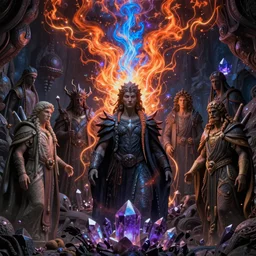 darker shades of forgotten misery and despair by michael whelan and roger dean and brom and hubert robert and greg staples and donato giancola, beautiful, mythical, scaled robes, highly detailed, hyperrealistic, intricate, energy, orange electricity, blue flame, low light, purple crystals, high contrast, lifelike