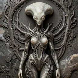happy female alien, tubular creature, blood vessels, no face, dystopian surrealism, alex ries zdzisław beksinski, symmetry accurate features, very intricate details, naraka buddhist demon korean female, symmetrical long head, smooth marble surfaces, detailed ink illustration, metal gear, cinematic smooth stone, deep aesthetic, concept art, post process, carved marble texture silk cloth, latex skin, highly ornate intricate details