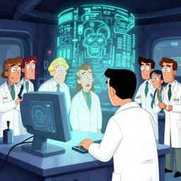 engineers and scientists in labcoats confront a malevolent computer, glowing digital runes, panicked scientists in the background, ( futurism ), rhads!!!, james gurney, ( art fitzpatrick ), ( asaf hanuka ), ( ( barclay shaw ) ), ominous, saturday morning cartoon, clean linework, western animation