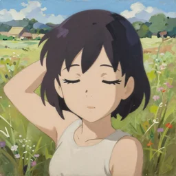 Greg Manchess painting of Velma Dinkley, anime style, winged eyelashes, countryside, calm, fantasy character portrait, dark outlines, dynamic pose, above view, sunny day, artwork by Makoto Shinkai, very coherent asymmetrical artwork, sharp edges, perfect face, simple form, 100mm, concept art oil painting by Jama Jurabaev, extremely detailed, brush hard, artstation
