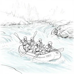 river rafters navigating rapids, minimalist line drawing, clean long lines, ultra detailed