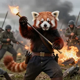 napoleon bonaparte protecting a red panda at the battle field while under fire, an army in the background, ultra detailed, realistic,