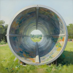 painting of a view from the lawn of a house in an o'neill cylinder, a kind of enormous cylindrical space station with landscape inside the cylinder. this view looks along the cylinder, a tunnel - like view, with a support beam down the center of the cylinder. sci - fi concept, hard sci - fi. trending on artstation