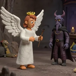 a claymation of The Mysterious Stranger, an Angel, Lucifer, Satan, from The Adventures of Mark Twain (1985), claymation film, by Lee Hardcastle