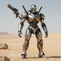 combat android, gun for a head, katana arms, skeletal face, military prototype, photography, desert, photorealism, mercury metal, sci fi, smooth,