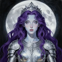 painting of prophetess of the moon, silver filigree armor and tiara, moon above head, purple wavy hair, translucent skin, wide striking eyes, beautiful! coherent! by brom, by junji ito, by brian froud, strong line, high contrast, muted color